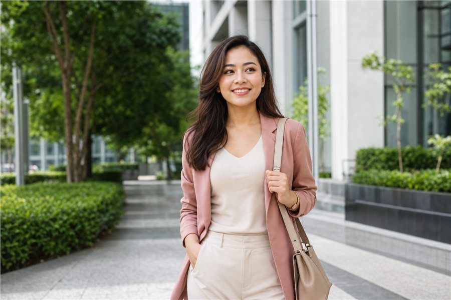 Confident Malaysian woman in a modern city setting